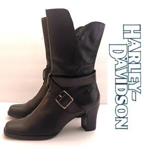 Harley Davidson Natasha Black Leather Harness Strap Block Heeled Biker Boot Sz 6